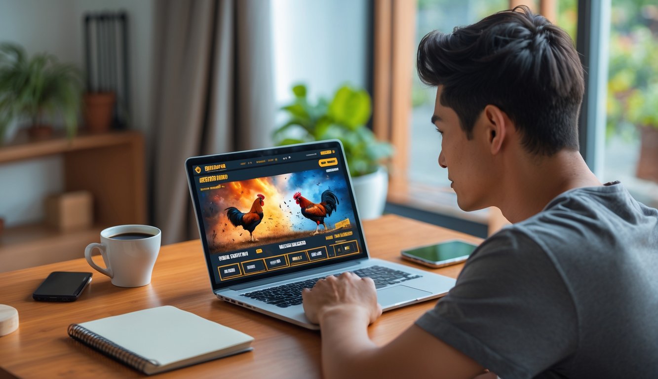 Seseorang duduk di meja dengan laptop, sedang melakukan taruhan sabung ayam online dengan taruhan kecil di ruangan yang terang dan nyaman.