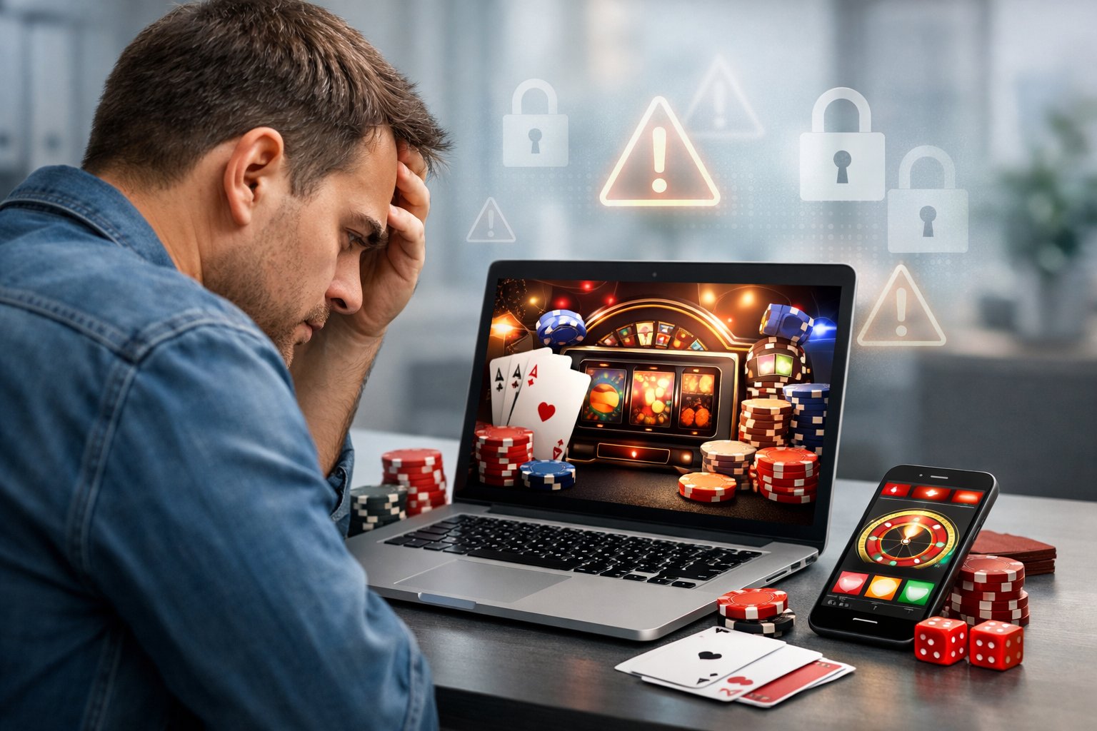 A person sitting at a desk looking concerned while using a laptop showing an online casino website, with playing cards and poker chips nearby.