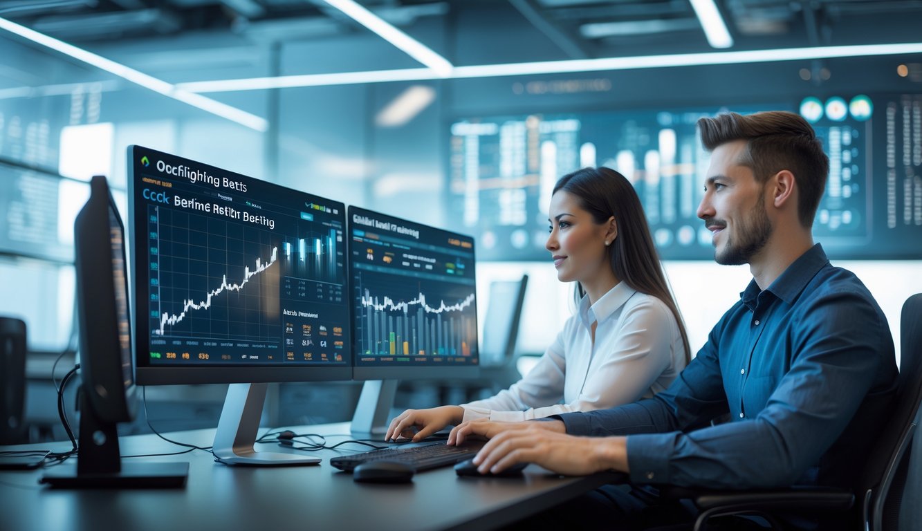 Seorang pria dan wanita sedang bekerja bersama di depan komputer dengan layar yang menampilkan grafik dan data terkait taruhan sabung ayam.