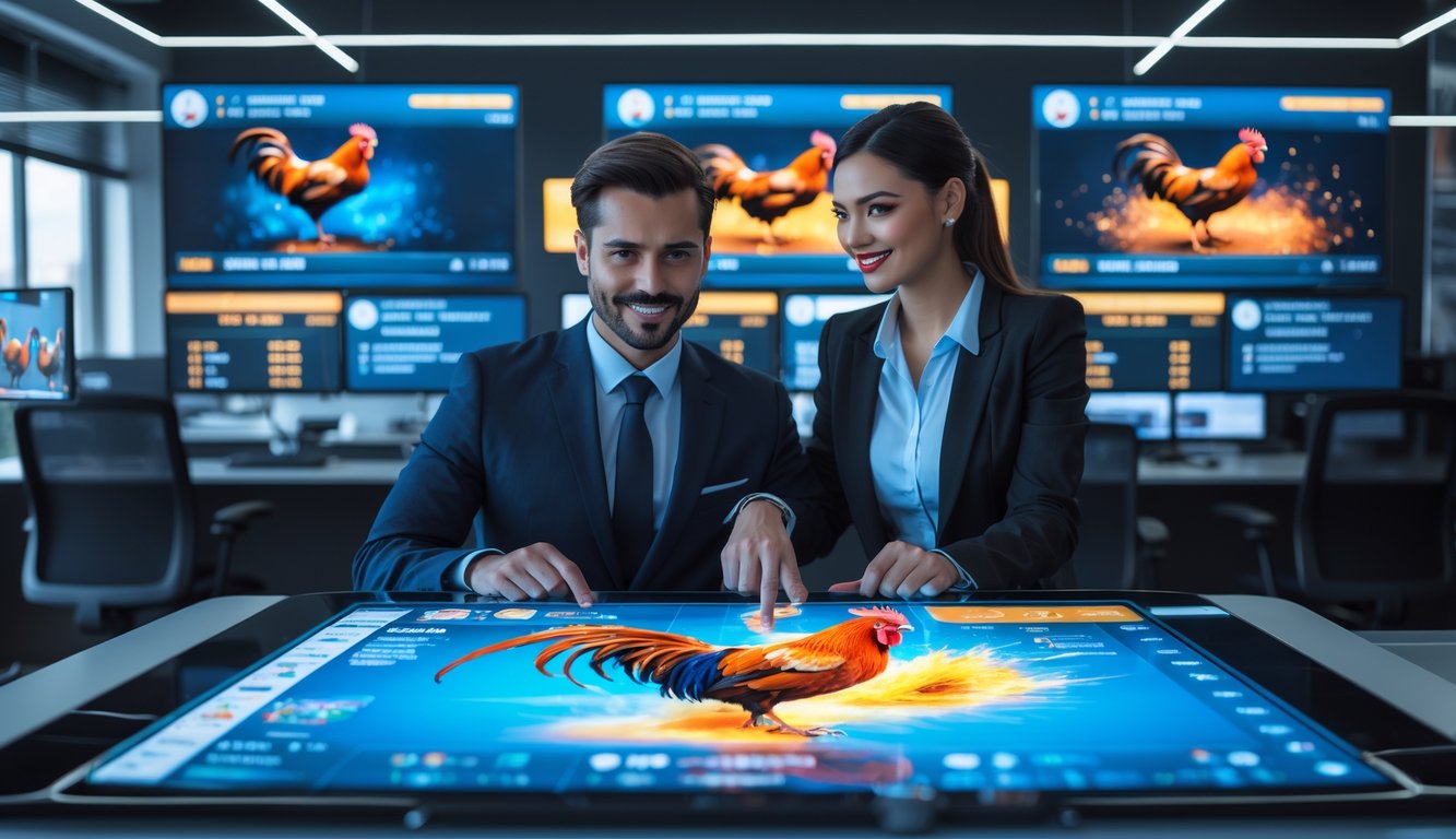 Seorang pria dan wanita bekerja bersama di kantor modern dengan layar digital menampilkan gambar ayam sabung dan siaran langsung pertandingan.