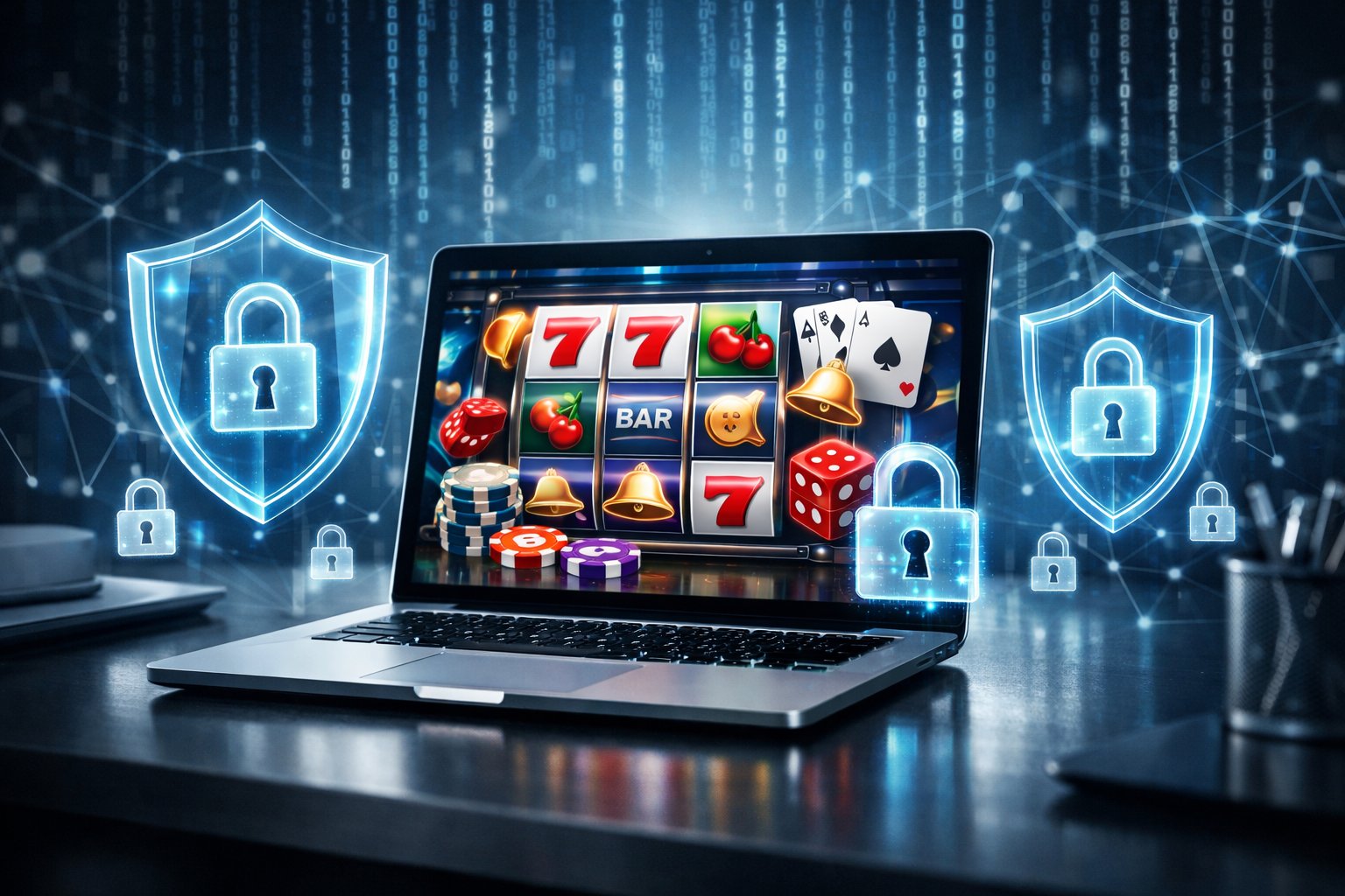 A laptop displaying an online casino interface surrounded by digital shields and padlocks symbolizing data protection.
