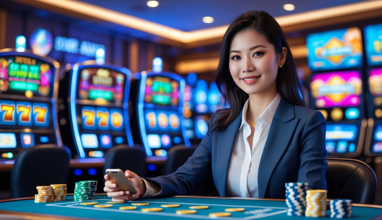 Seorang wanita bisnis duduk di depan mesin slot di lounge permainan modern dengan layar digital di latar belakang.