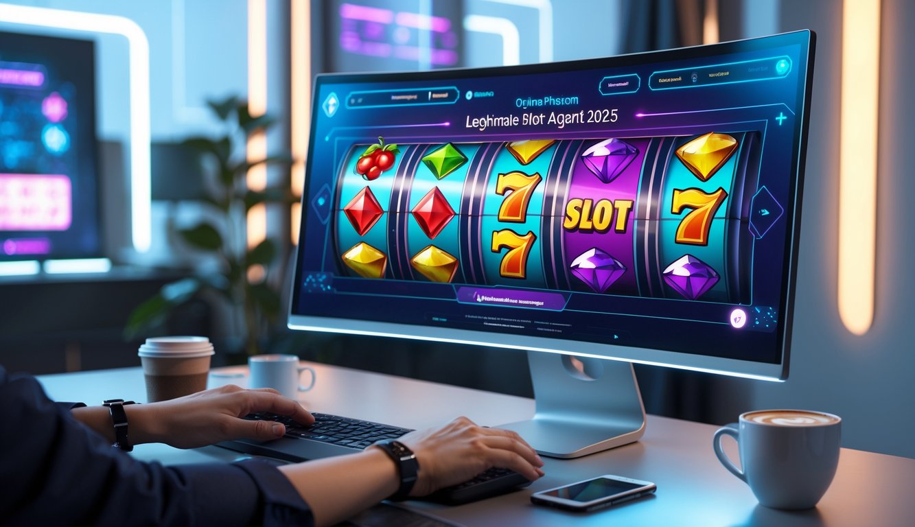 Seseorang bermain permainan slot online di meja kerja modern dengan layar besar menampilkan grafik permainan warna-warni.