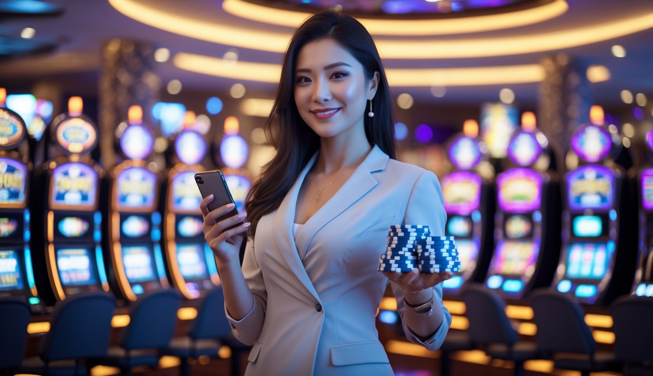 Seorang wanita Asia berdiri di kasino modern dengan mesin slot menyala di latar belakang, memegang ponsel dan tumpukan chip kasino sambil tersenyum.