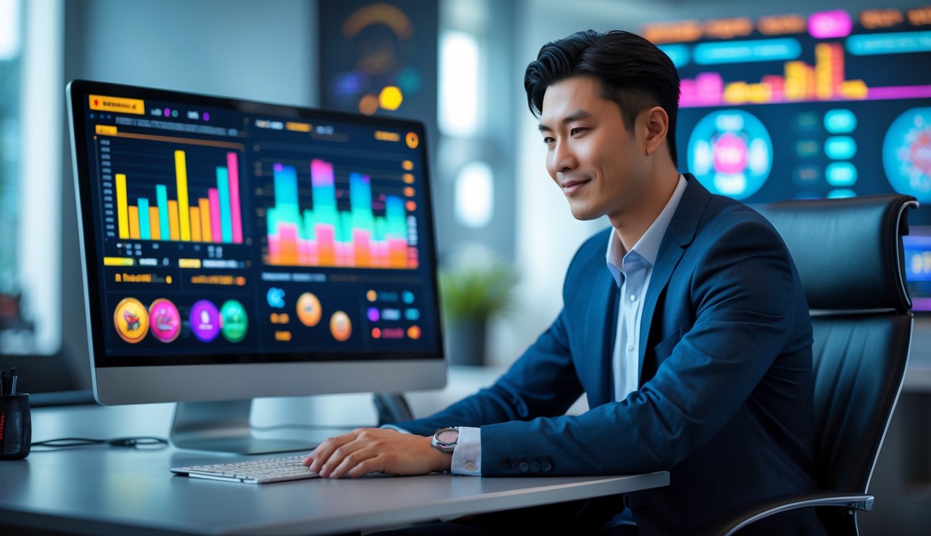 Seorang pria muda duduk di depan komputer dengan grafik dan ikon permainan slot online di latar belakang.