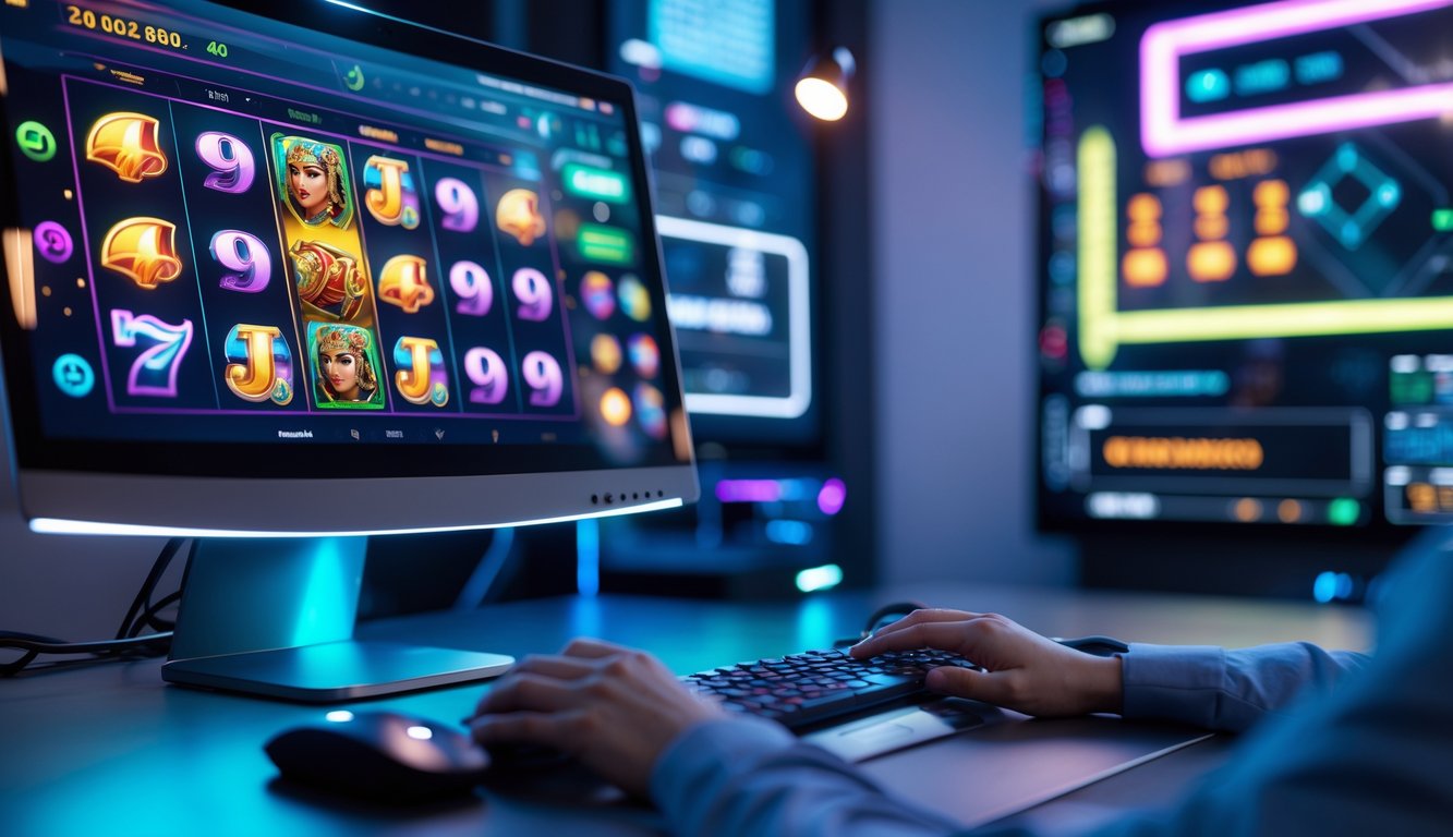 Seseorang sedang bermain permainan slot online di komputer dengan layar besar di ruang kerja modern.