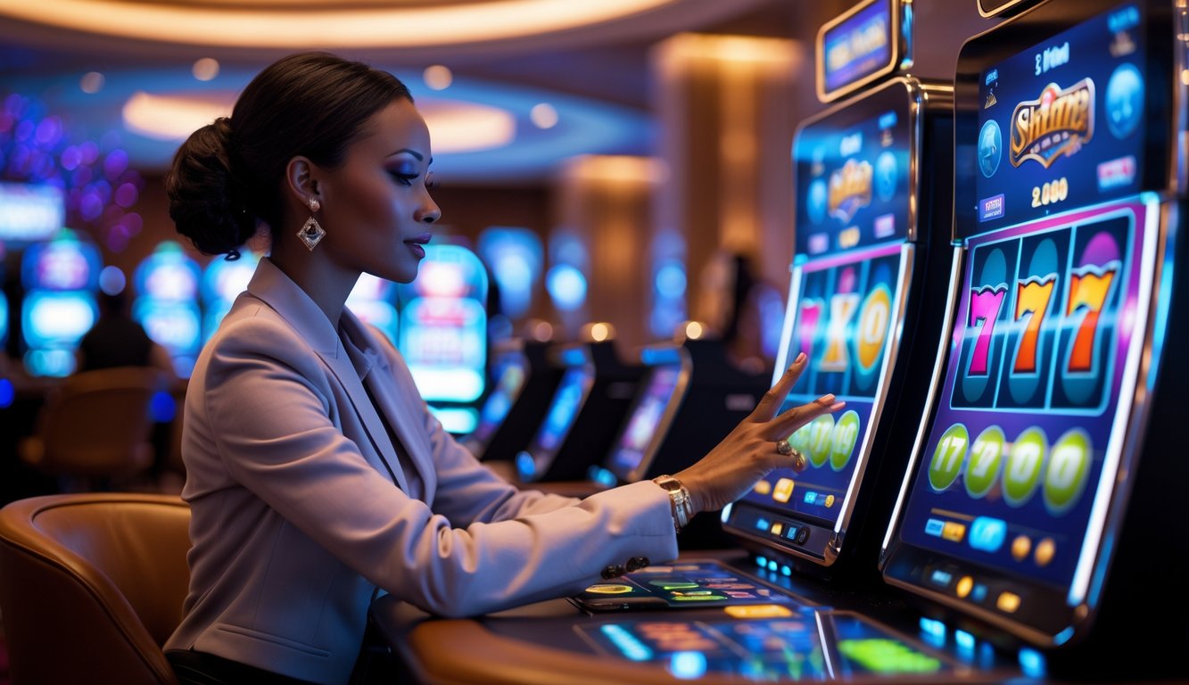 Seorang wanita duduk di meja kasino modern sambil menggunakan mesin slot digital dengan latar belakang interior kasino mewah.
