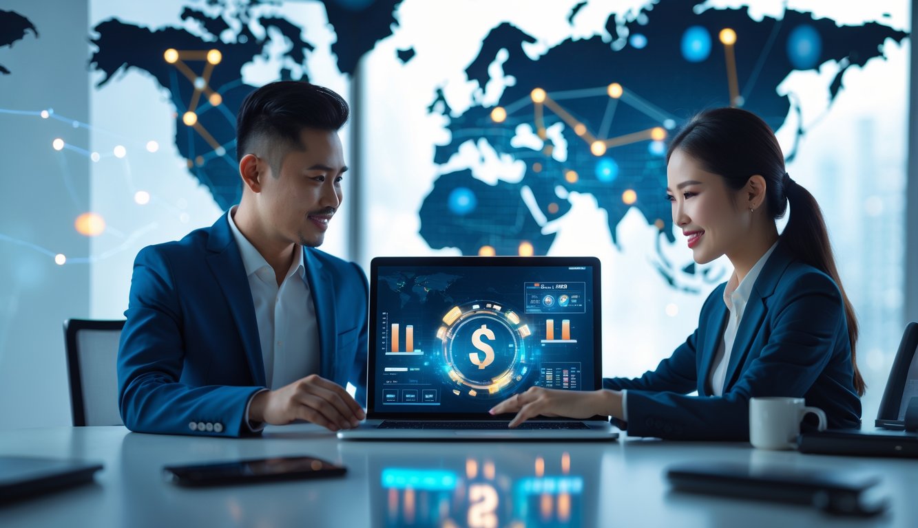 Dua orang profesional bekerja bersama di kantor modern dengan laptop dan grafik digital yang menggambarkan layanan judi slot online terpercaya di Indonesia.