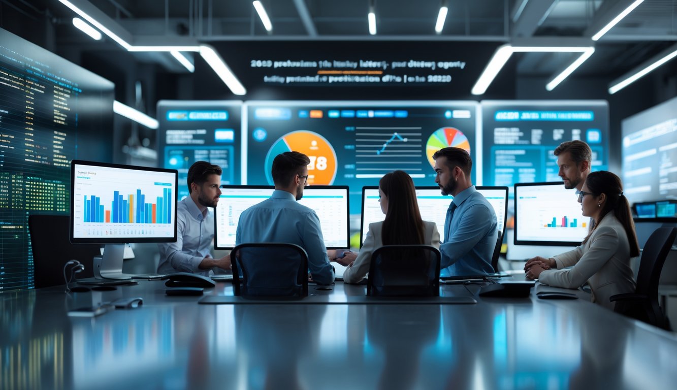 Kantor agen prediksi togel dengan profesional yang sedang bekerja dan menganalisis data di depan layar komputer.