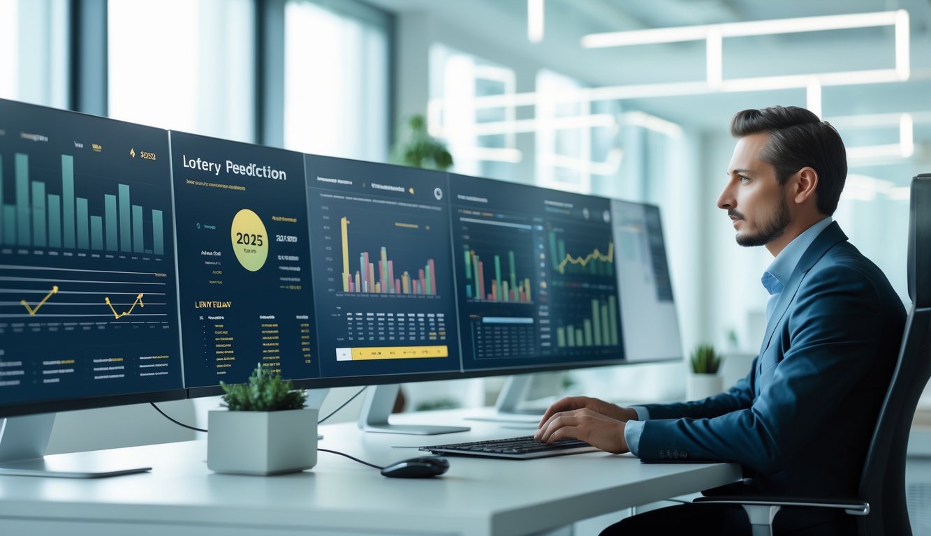 Seorang profesional bisnis sedang bekerja di depan komputer dengan grafik dan data di layar di sebuah kantor modern.