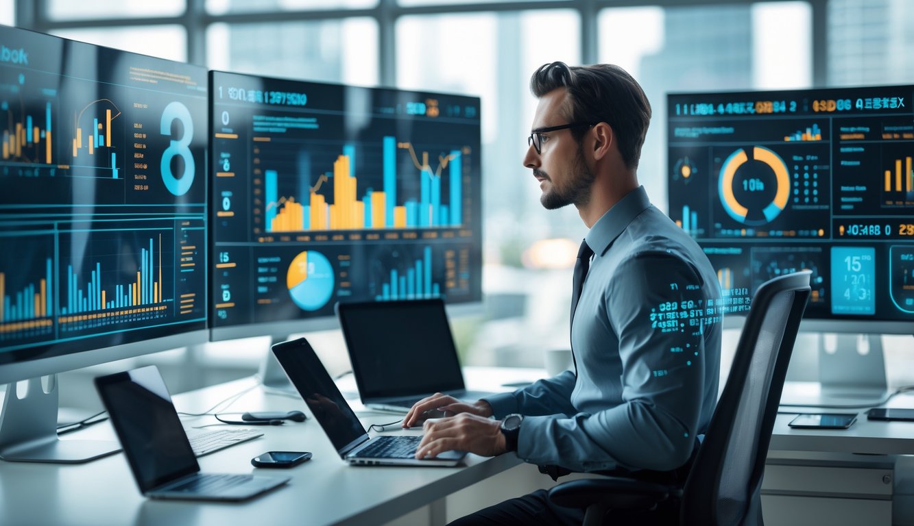 Seorang profesional sedang menganalisis data di depan beberapa layar komputer di kantor modern dengan pemandangan kota di belakangnya.