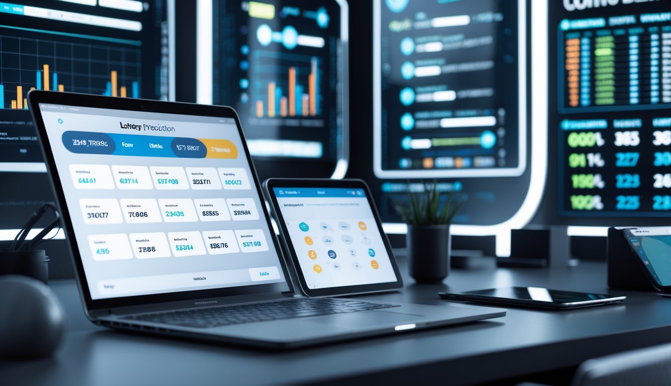 Meja kerja modern dengan perangkat digital menampilkan grafik dan angka prediksi togel online tahun 2025.