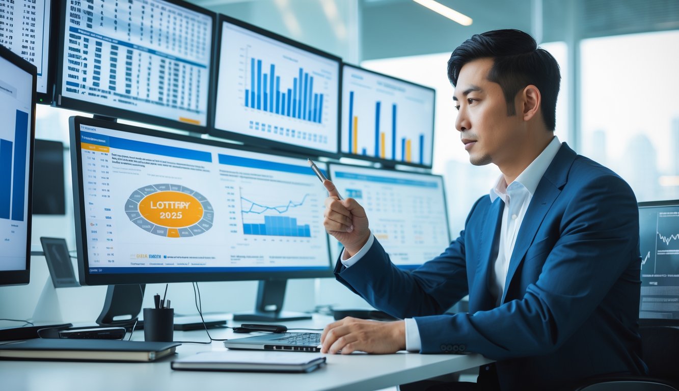 Seorang pria Asia berpakaian rapi sedang menganalisis data prediksi togel di kantor modern.