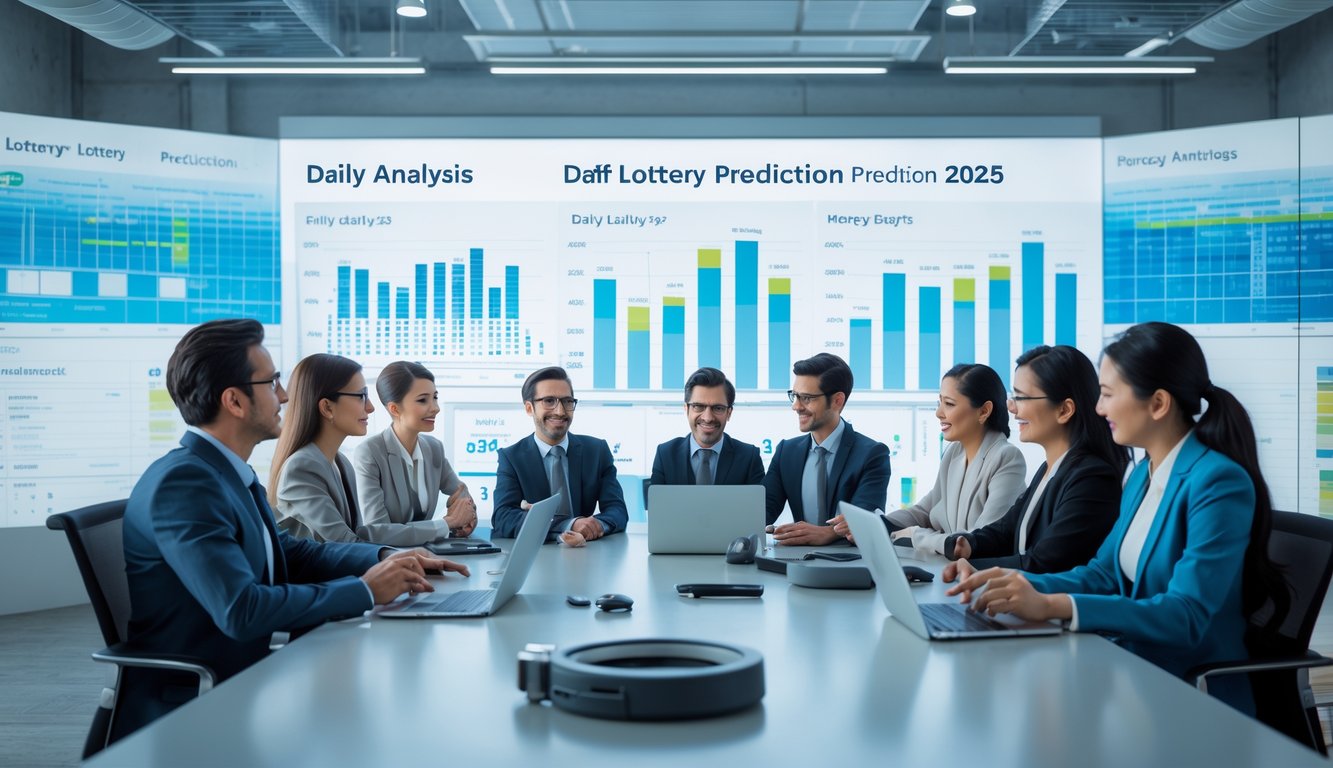 Sekelompok profesional bekerja bersama di ruang kantor modern dengan perangkat digital yang menampilkan grafik dan data prediksi togel harian untuk tahun 2025.