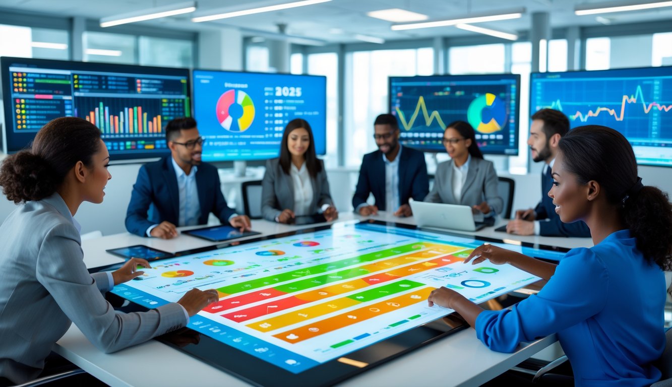 Sekelompok orang bekerja bersama di kantor modern dengan layar digital besar yang menampilkan grafik dan data prediksi togel tahun 2025.