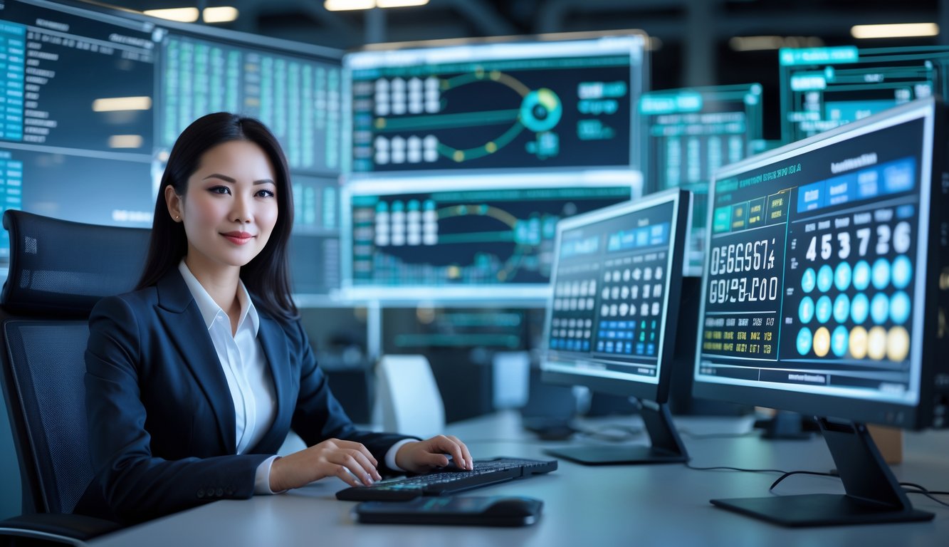Seorang wanita bisnis duduk di meja dengan beberapa monitor komputer yang menampilkan data dan grafik prediksi angka togel tahun 2025 di kantor modern.