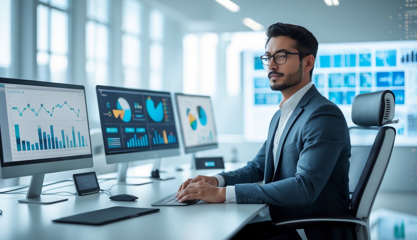 Seorang profesional sedang duduk di meja kerja dengan beberapa monitor komputer yang menampilkan grafik dan data di kantor modern yang terang.