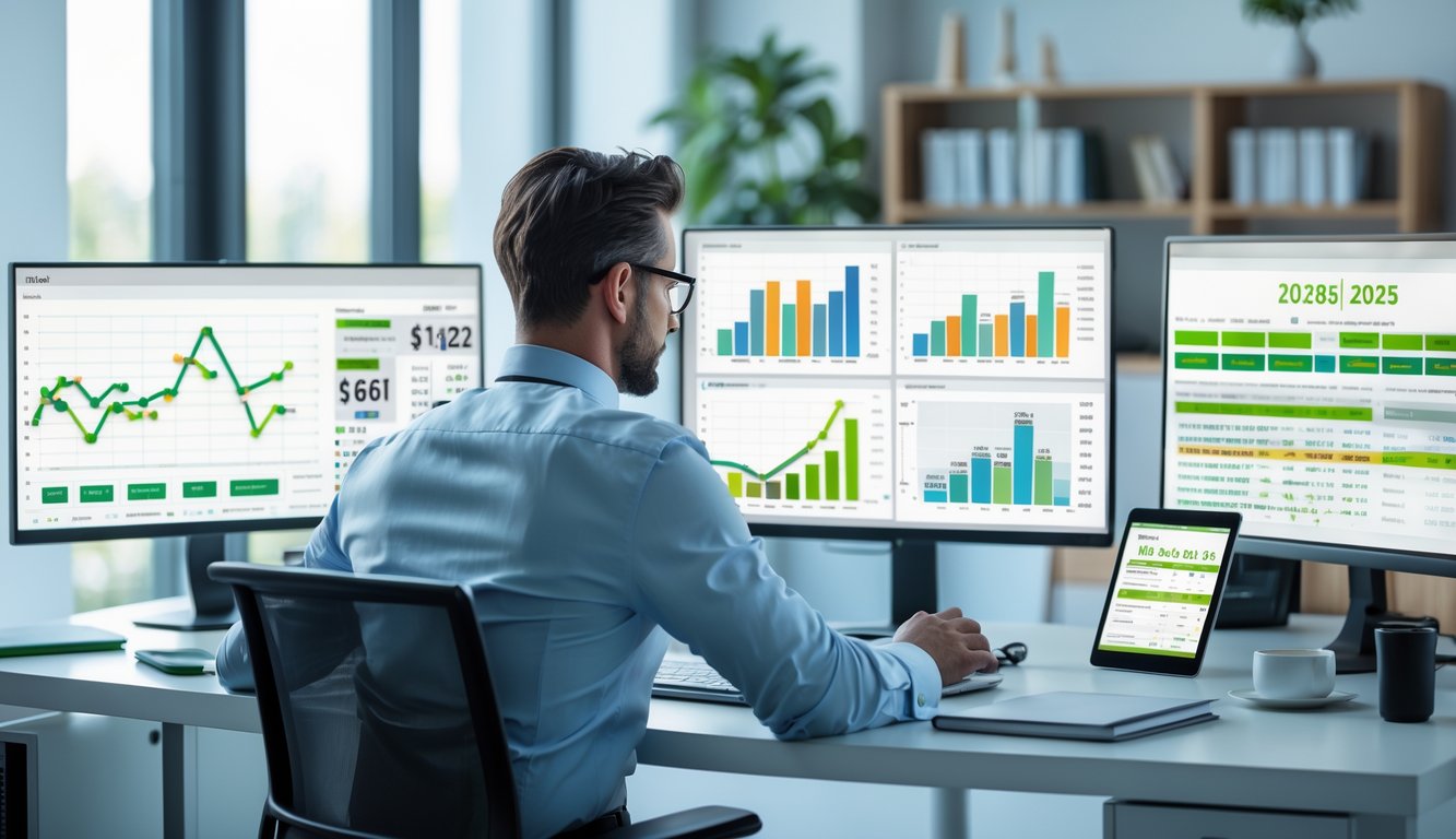 Seorang profesional di kantor modern sedang bekerja dengan beberapa layar komputer yang menampilkan grafik dan data prediksi togel.