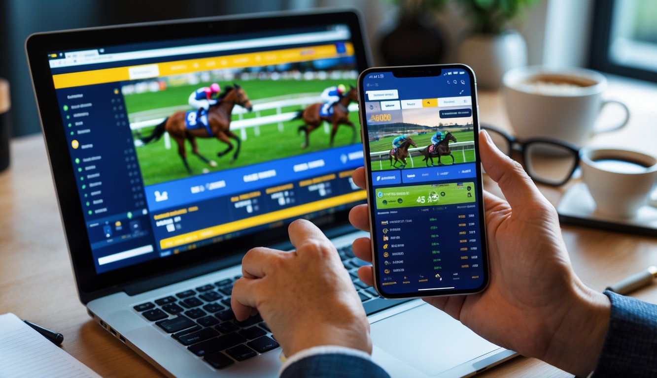 Seseorang menggunakan laptop dan ponsel untuk memasang taruhan balap kuda secara online di meja kerja yang rapi.