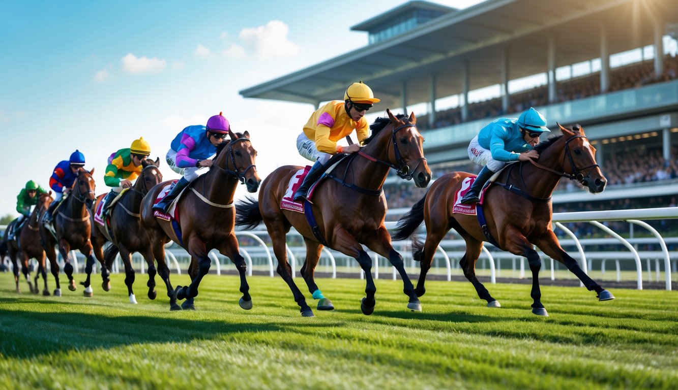 Lomba pacuan kuda dengan beberapa kuda dan joki berlari cepat di lintasan balap, penonton di tribun, dan langit cerah.