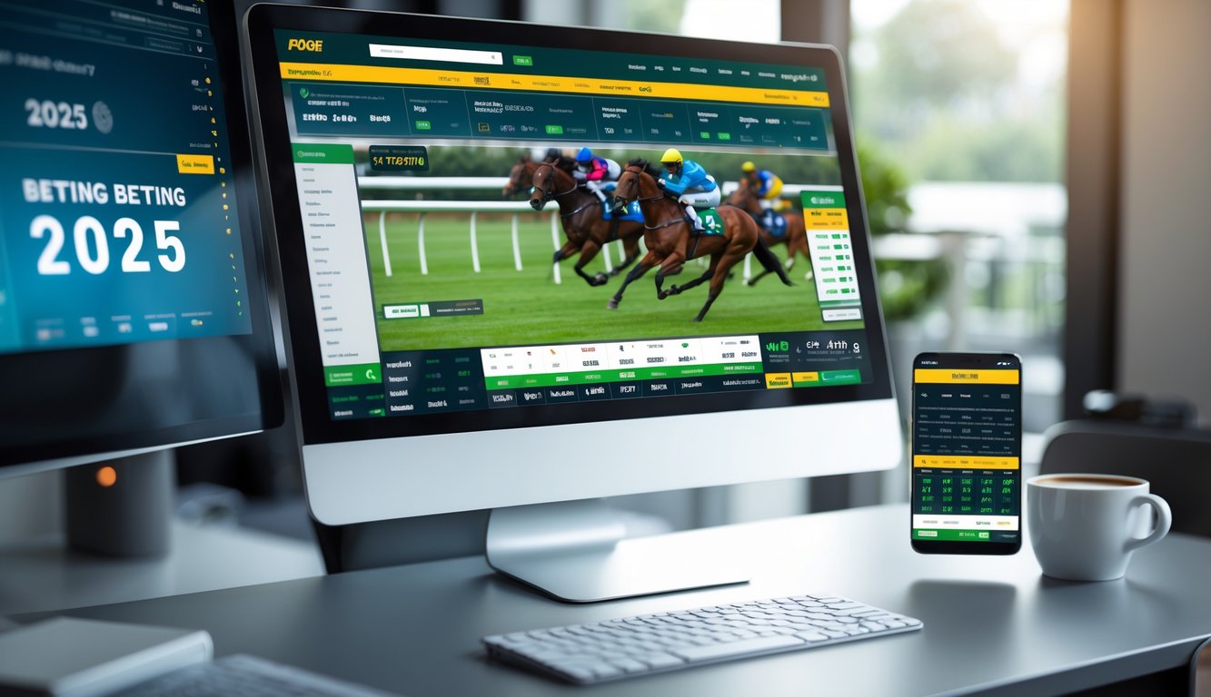 Seorang pria menggunakan komputer dengan layar menampilkan situs taruhan balap kuda online, di meja terdapat ponsel dan kopi.