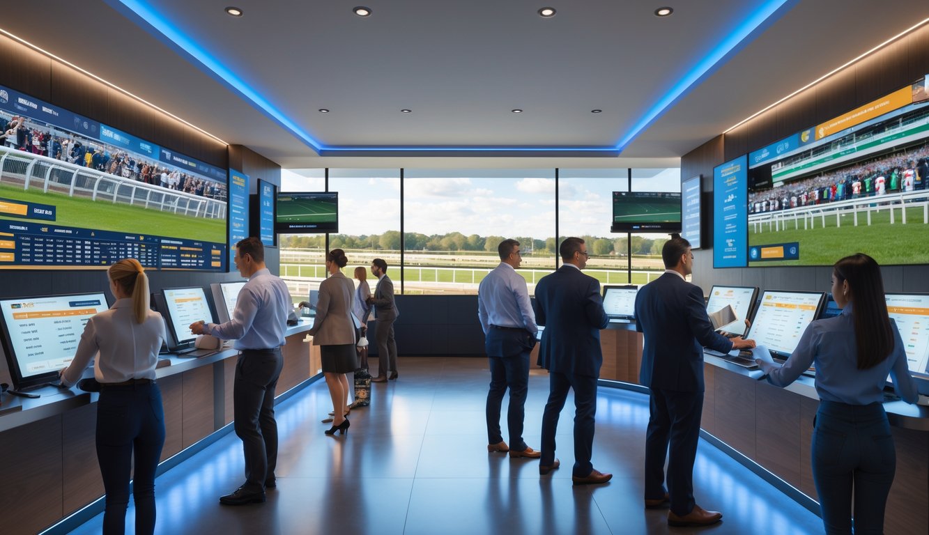 Suasana kantor agen judi balap kuda dengan layar digital menampilkan odds dan pelanggan sedang memasang taruhan.