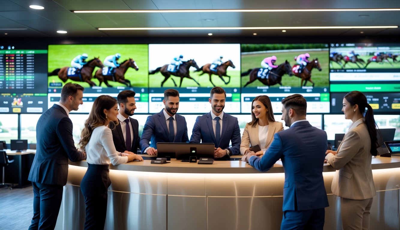 Suasana kantor agen judi balap kuda dengan pelanggan dan staf yang sedang berinteraksi di depan layar digital menampilkan balapan kuda.
