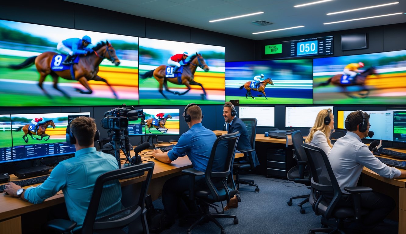 Orang-orang sedang melakukan siaran langsung balap kuda di sebuah kantor modern dengan layar besar menampilkan perlombaan kuda.