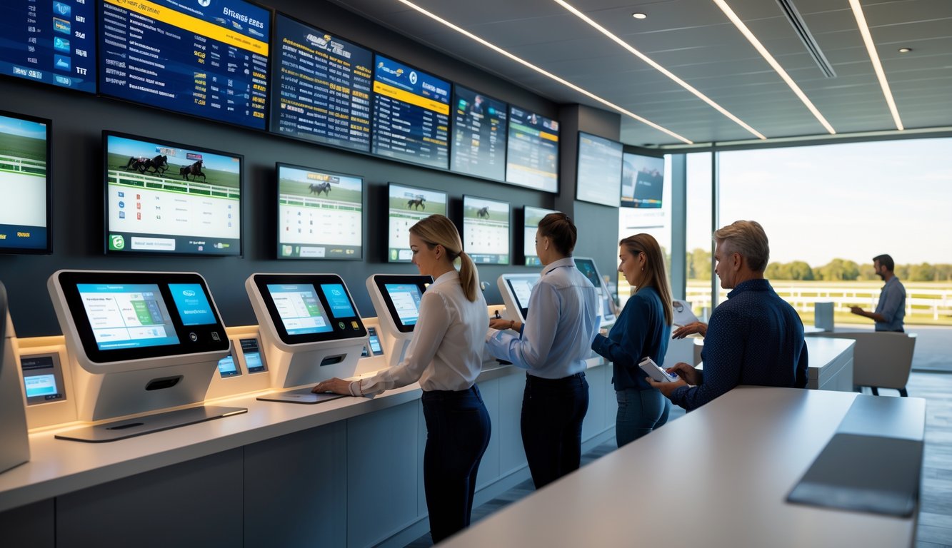 Suasana kantor agen judi balap kuda dengan orang-orang yang sedang memasang taruhan menggunakan layar digital, dengan latar belakang trek balap kuda di siang hari.