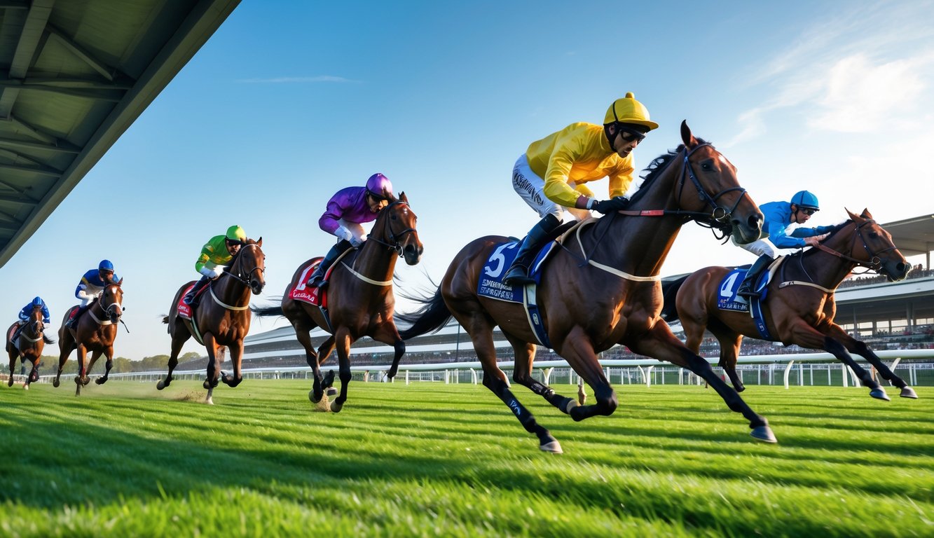 Lomba pacuan kuda dengan beberapa kuda dan joki berlari di lintasan balap di depan penonton.