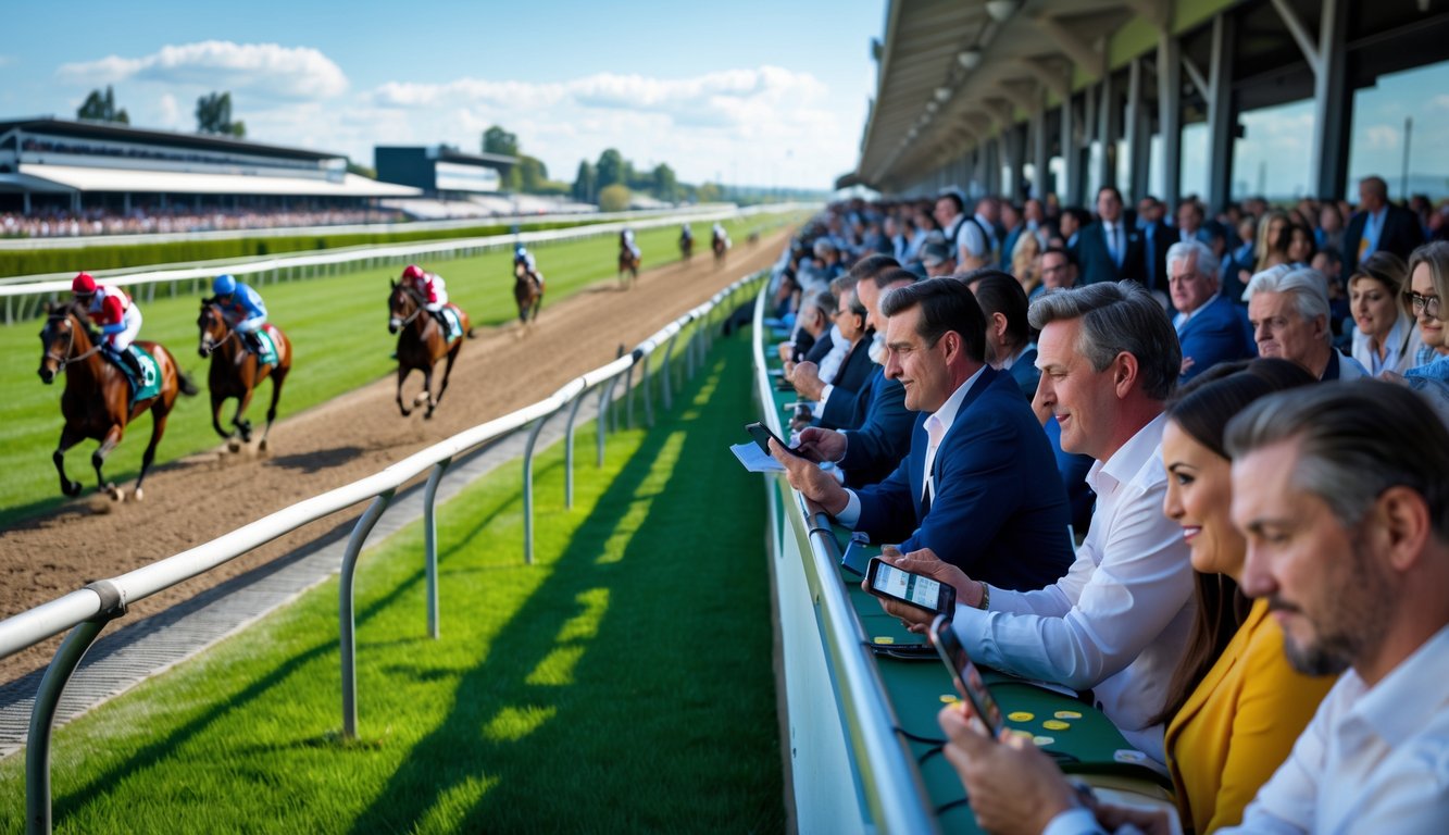 Suasana balapan kuda resmi dengan para joki sedang berlomba dan penonton yang mengamati dengan serius di tribun.