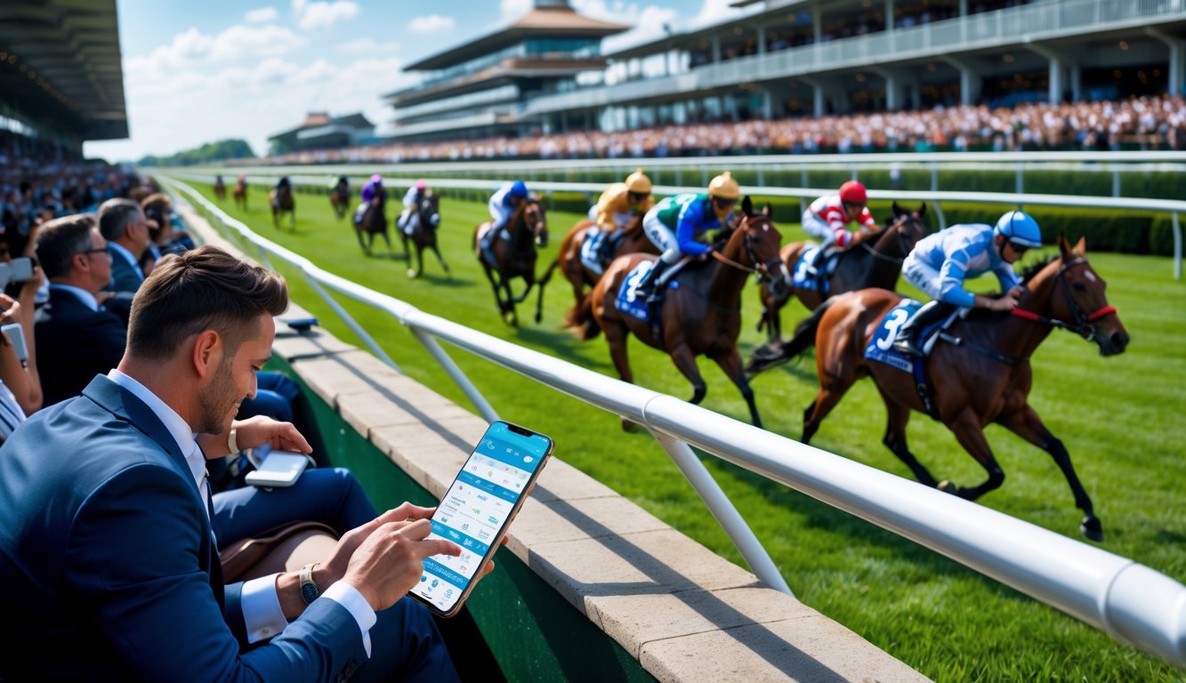 Kerumunan orang menonton pacuan kuda internasional dengan seorang petaruh yang sedang memasang taruhan menggunakan ponsel, kuda-kuda berlari cepat di lintasan hijau.