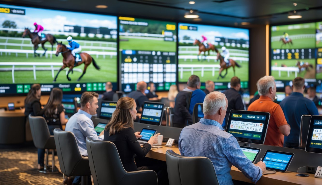 Orang-orang sedang menonton dan memasang taruhan pada pacuan kuda secara langsung di sebuah ruang taruhan modern.