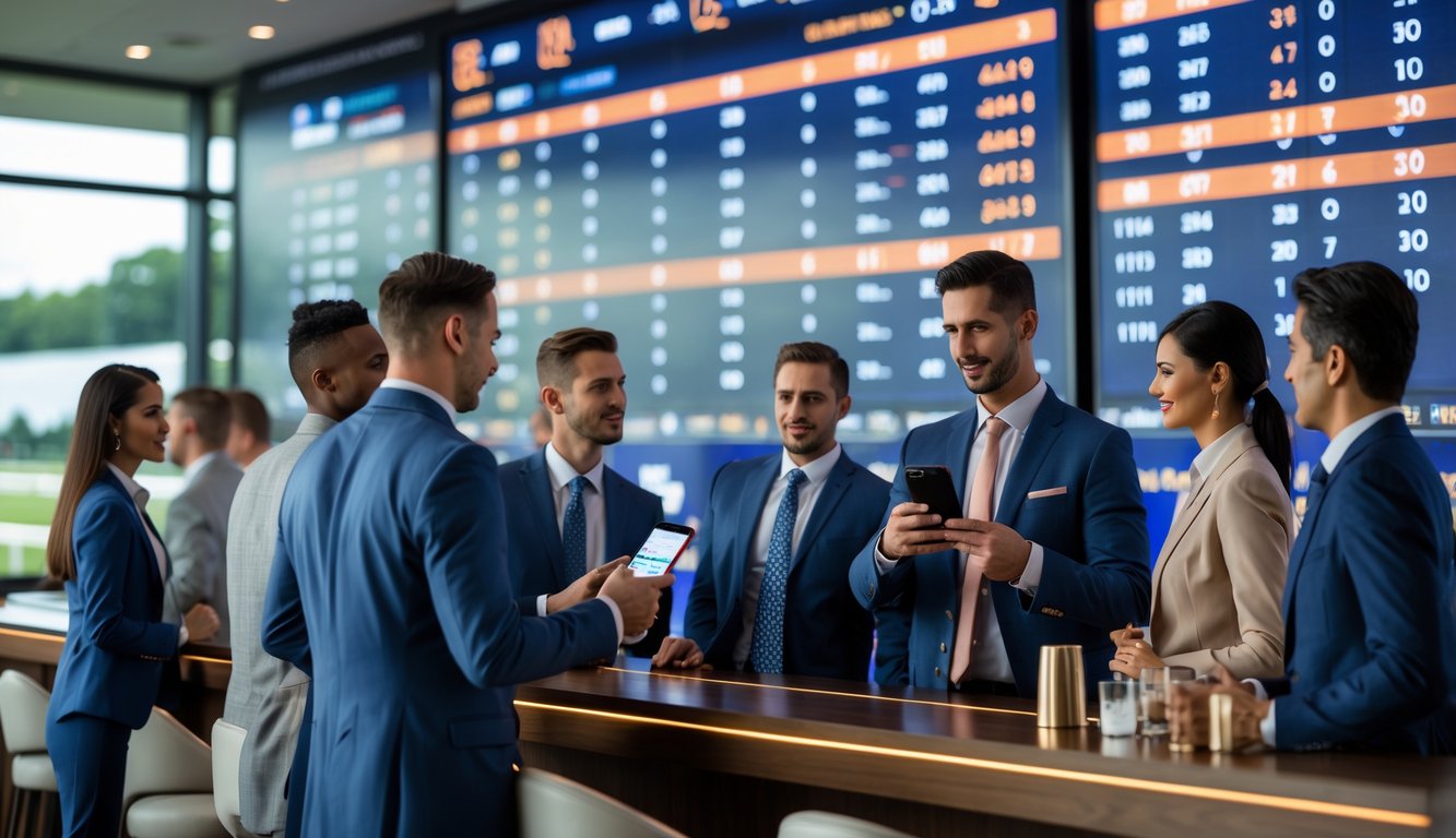 Sekelompok orang sedang melihat papan angka peluang pacuan kuda di ruang taruhan modern dengan latar belakang kuda berlomba.