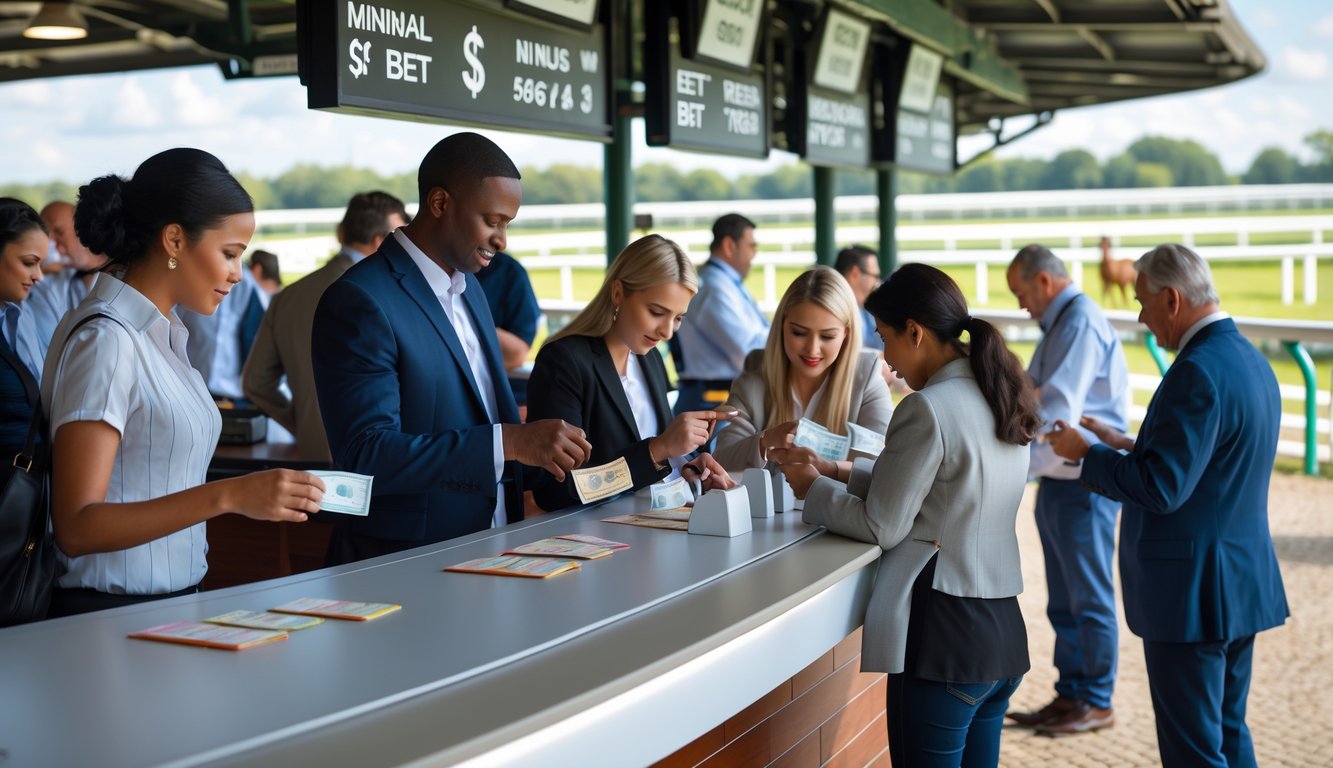Orang-orang sedang memasang taruhan dengan jumlah kecil di loket pacuan kuda di luar ruangan.