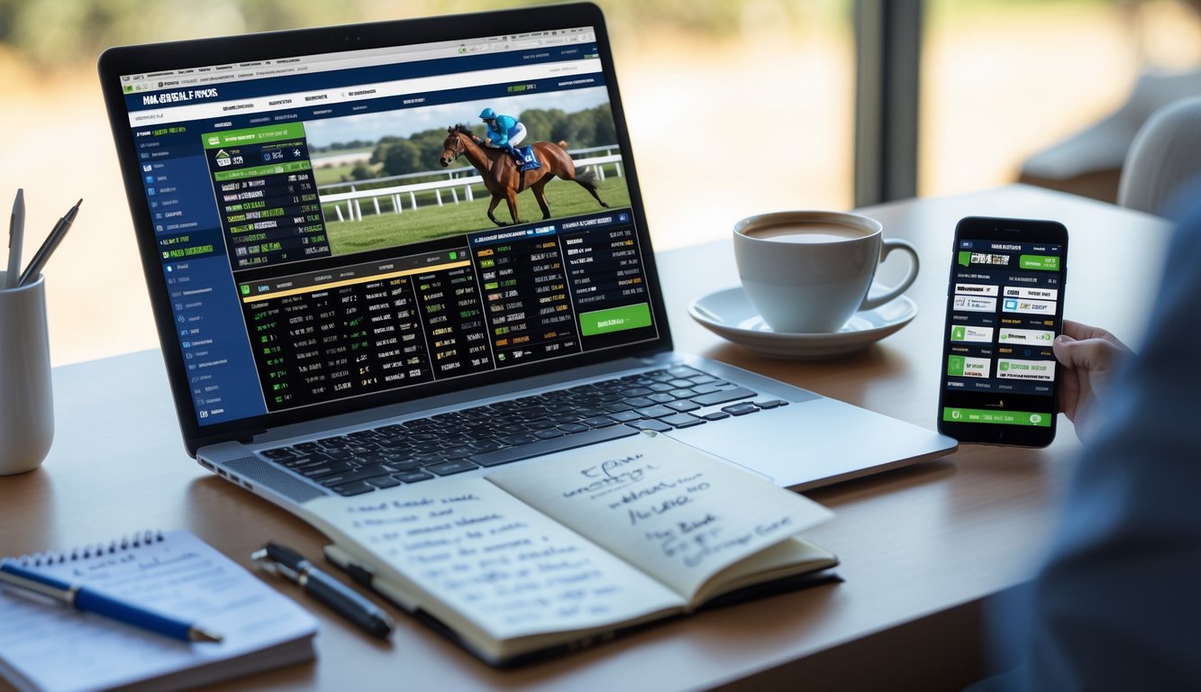 Seseorang duduk di meja kerja dengan laptop menampilkan situs pacuan kuda online, buku catatan, dan ponsel di sekitarnya.
