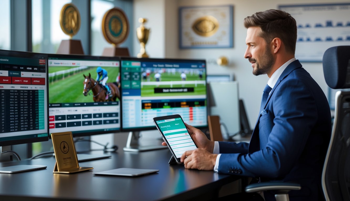 Seorang agen judi pacuan kuda terpercaya sedang bekerja di kantor modern dengan beberapa layar komputer yang menampilkan data pacuan kuda.