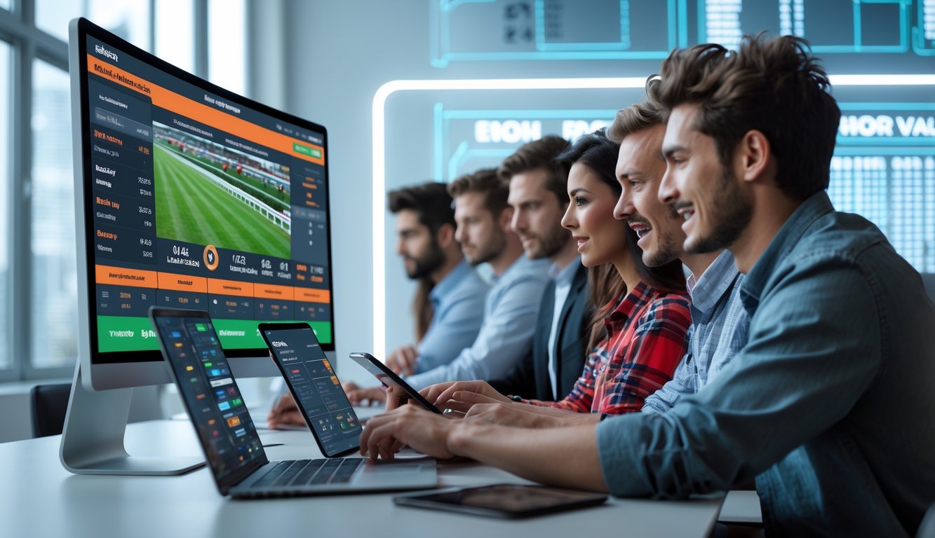 Orang-orang muda sedang menggunakan perangkat digital untuk bertaruh pada pacuan kuda secara online di sebuah ruangan modern.