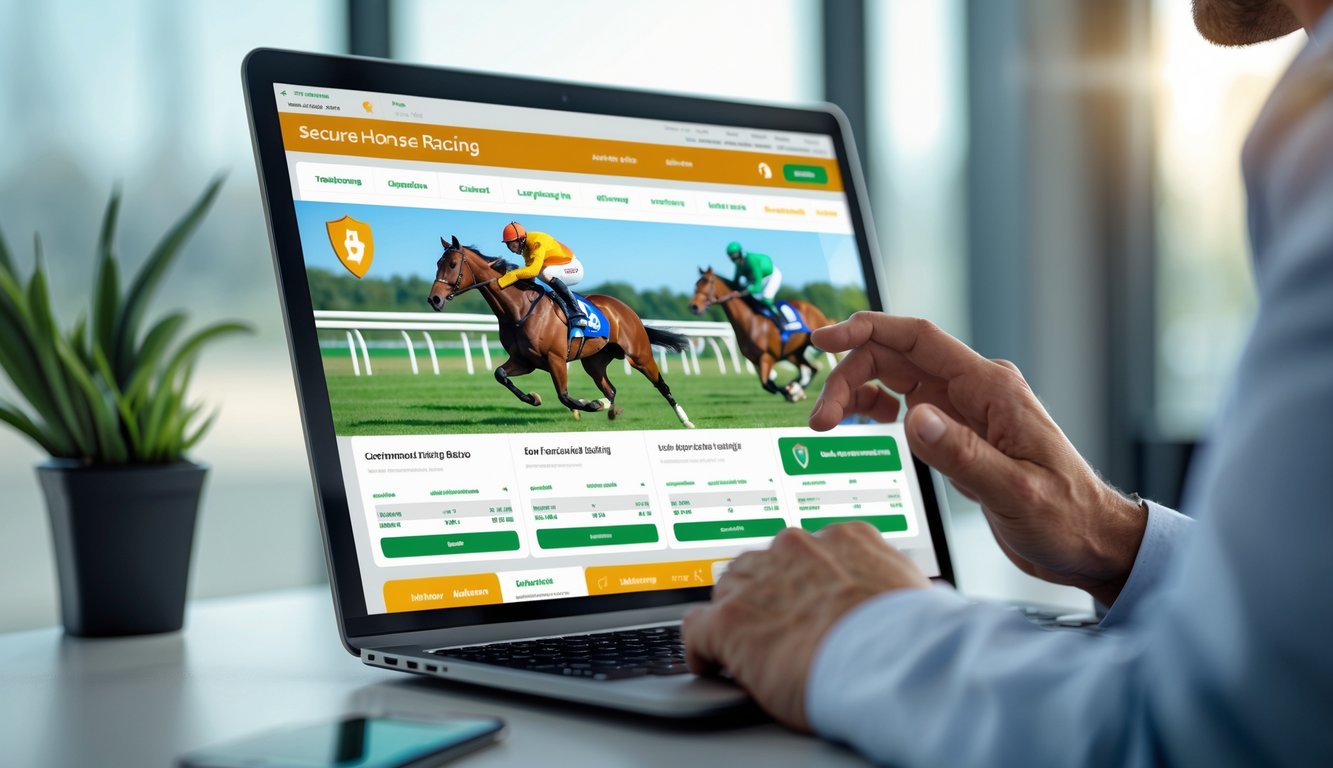 Seseorang menggunakan laptop dengan tampilan antarmuka taruhan pacuan kuda yang aman dan modern.