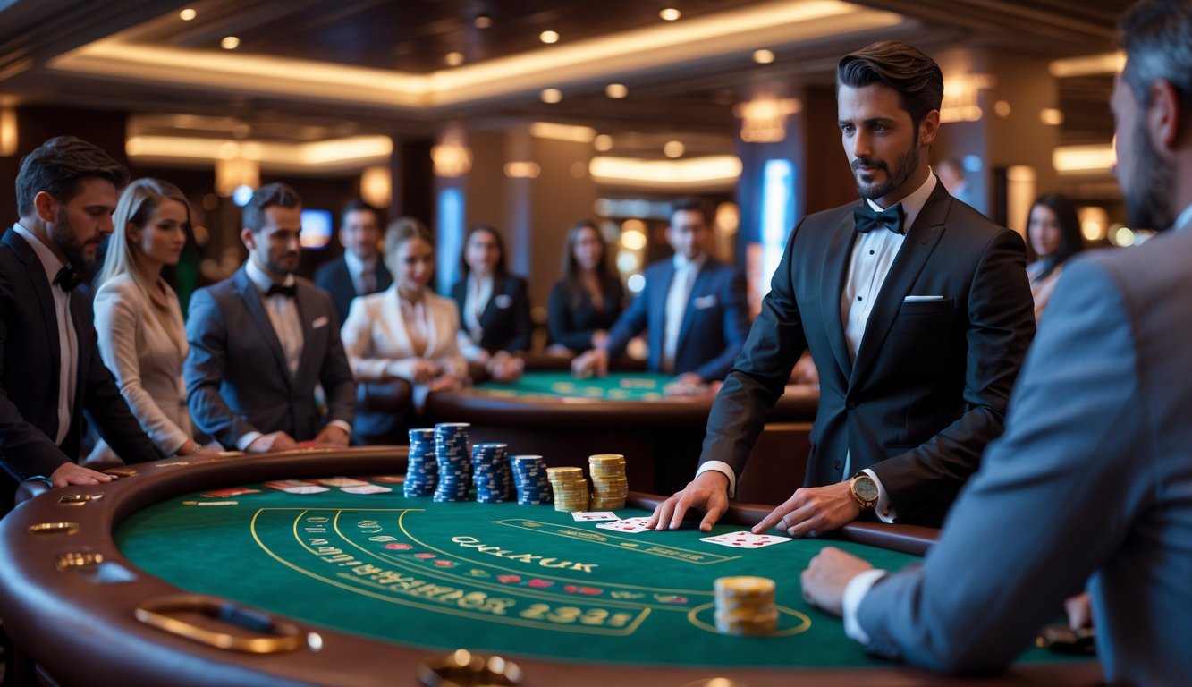 Suasana meja blackjack di kasino dengan dealer dan pemain yang sedang bermain kartu.