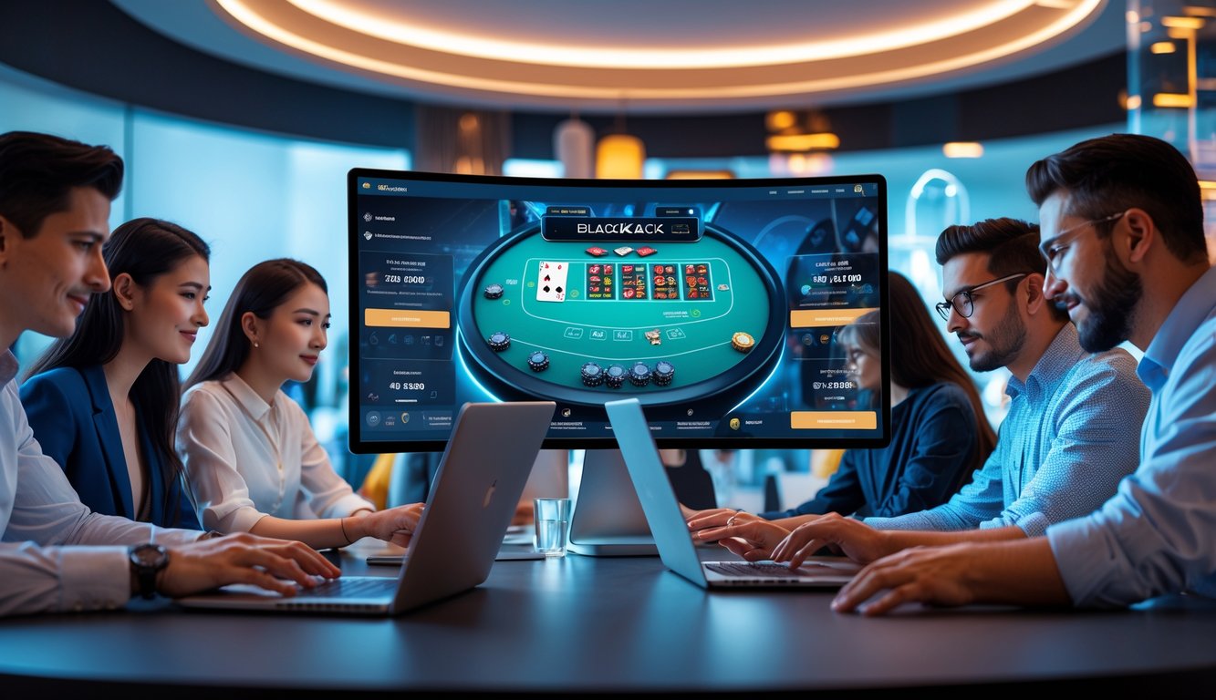 Beberapa orang muda bermain blackjack online di depan komputer dan ponsel di ruang santai modern.