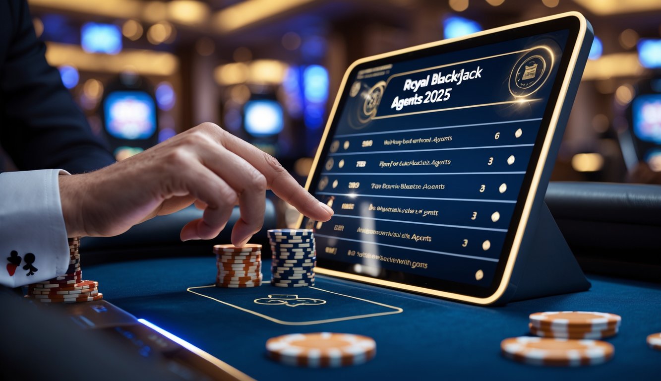 Seorang tangan sedang menggunakan layar sentuh transparan dengan latar belakang kasino yang elegan dan peralatan judi seperti kartu dan chip.