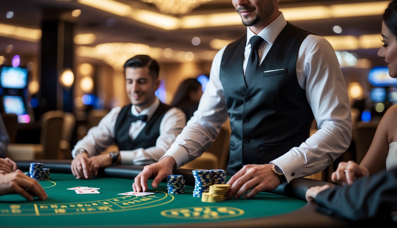 Seorang dealer di meja blackjack dengan pemain yang sedang bermain di kasino modern.