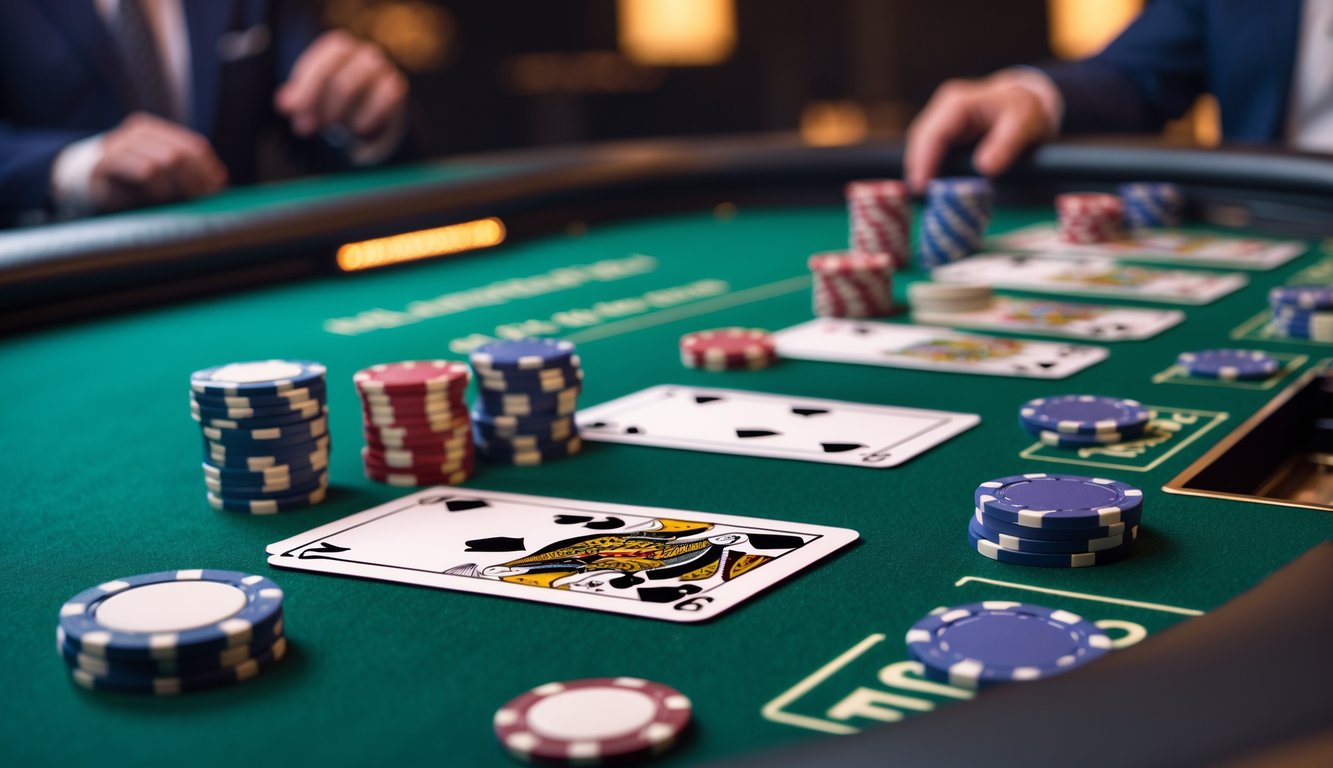 Meja blackjack di kasino dengan kartu dan chip taruhan rendah yang tertata rapi.