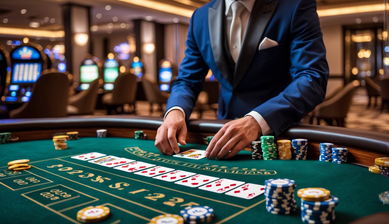 Meja blackjack mewah dengan dealer berpakaian rapi sedang membagikan kartu di ruangan kasino yang elegan.