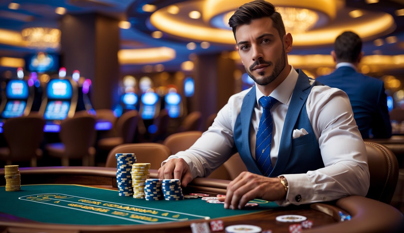 Seorang pria berpakaian rapi duduk di meja blackjack di kasino mewah, memegang kartu dan tumpukan chip sambil fokus bermain.