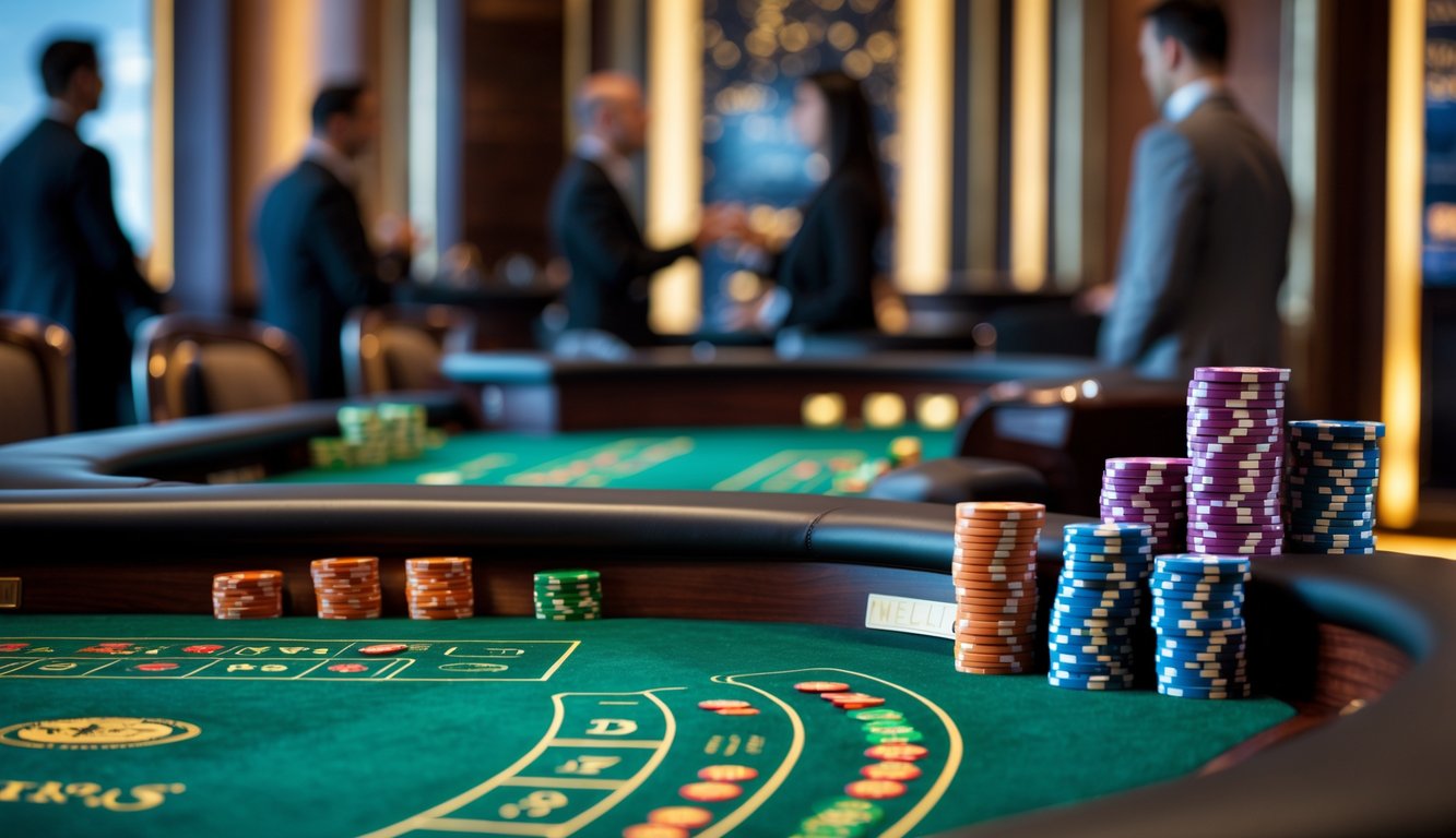 Meja blackjack mewah dengan tumpukan chip poker di kasino yang elegan.