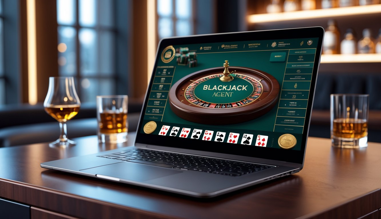 Seorang pria menggunakan laptop dengan meja blackjack digital di layar dalam ruangan modern yang elegan.