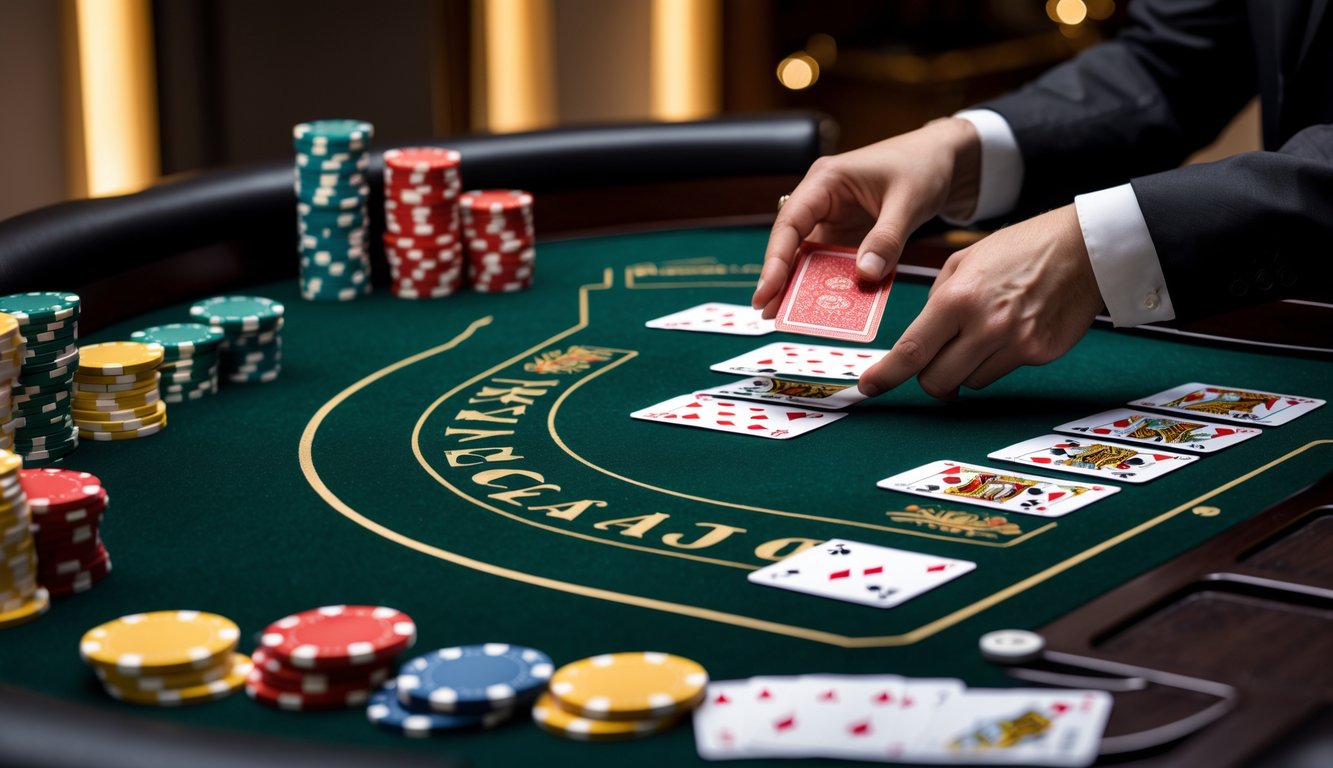 Meja blackjack mewah dengan kartu dan tumpukan chip poker di kasino modern.