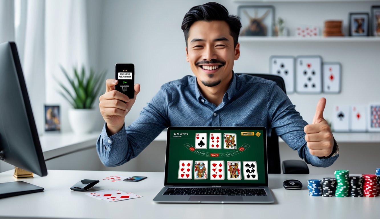 Seorang pria muda duduk di meja dengan laptop terbuka menampilkan permainan blackjack online, tersenyum dan mengacungkan jempol sambil memegang ponsel.